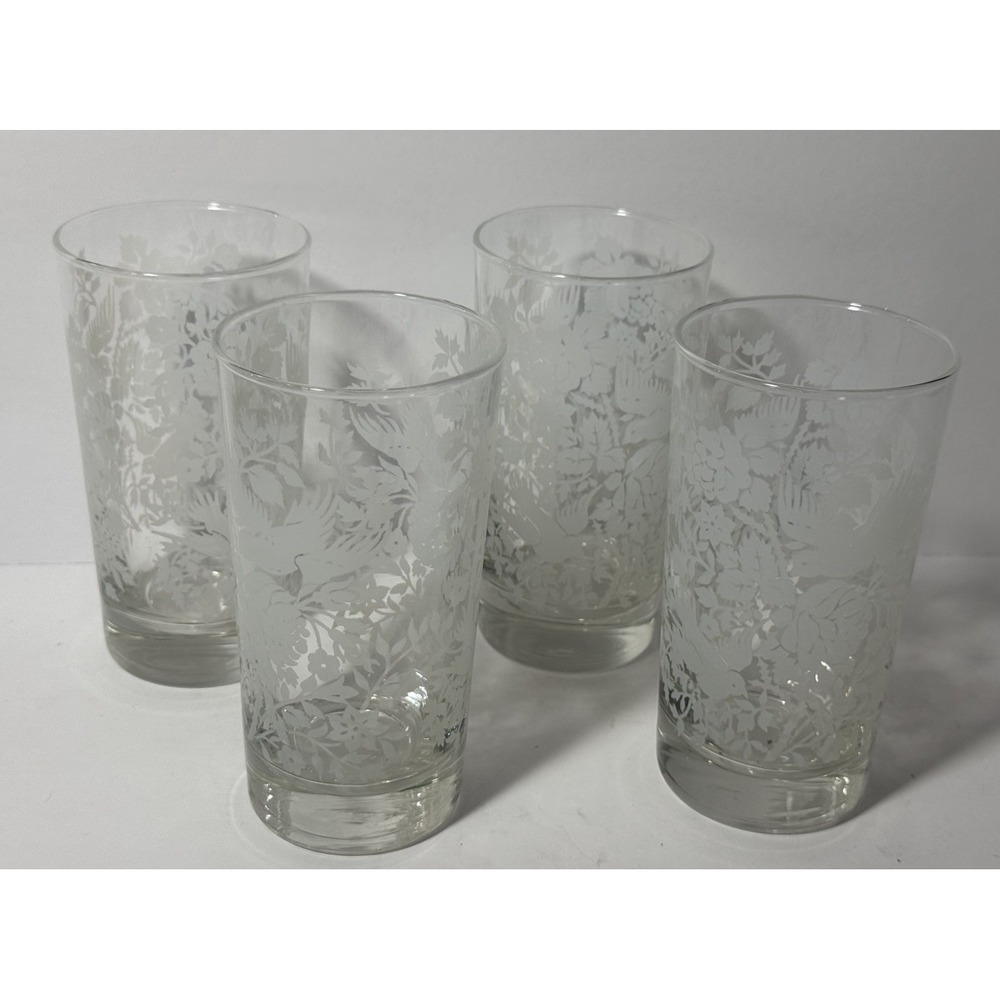 VTG Libbey Garden Lace Tumblers Set of 4 White Bird Floral Drinking Glasses 5.5"